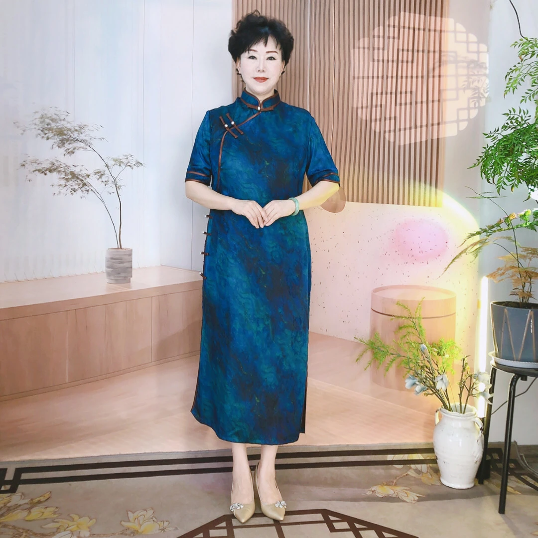 【克莱因蓝】低领大码旗袍气质夏季复古网红中国风长款修身日常蓝色