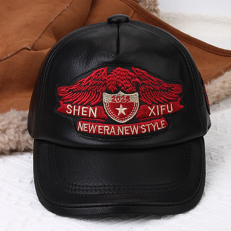 新款秋冬季真皮帽子男士棒球帽重工刺绣鸭舌帽中青年百搭时尚潮款