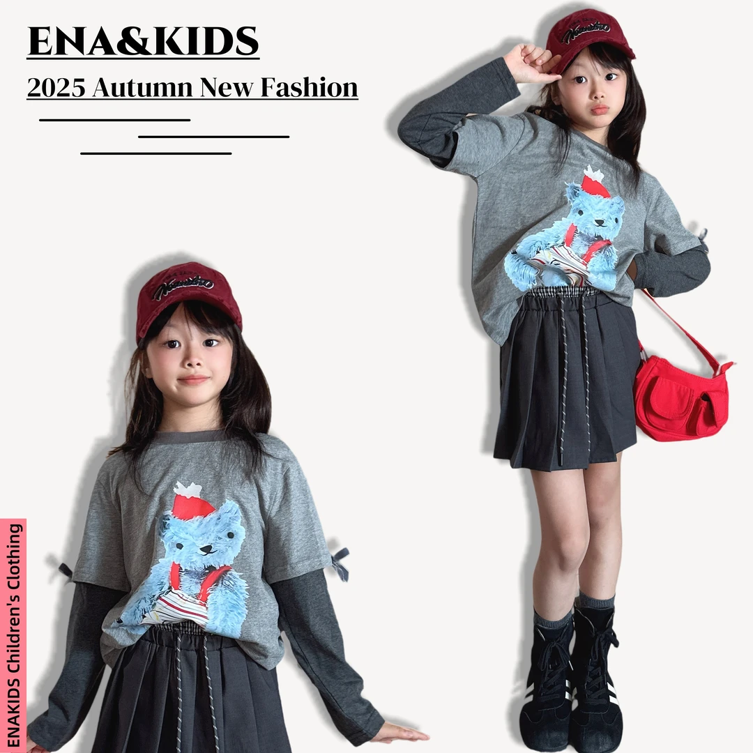 ENA恩娜kids【蓝雾小熊】女童秋款韩版卡通小熊假两件长袖T恤上衣