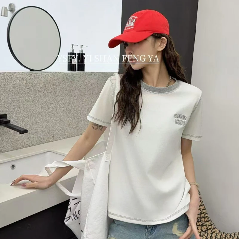 7609女款灰边时尚休闲百搭短袖小白T恤