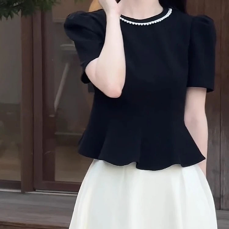 高级感黑色短袖t恤女夏季2025新款宽松显瘦短款荷叶边超好看上衣