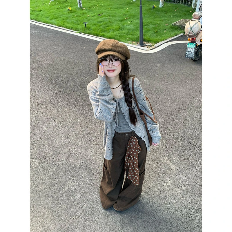 秋季韩系灰色镂空防晒针织开衫吊带上衣罩衫直筒宽松休闲阔腿裤女