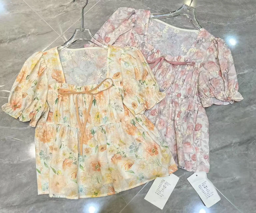 6672#新品系带碎花小衫清爽甜美松紧腰小衫
