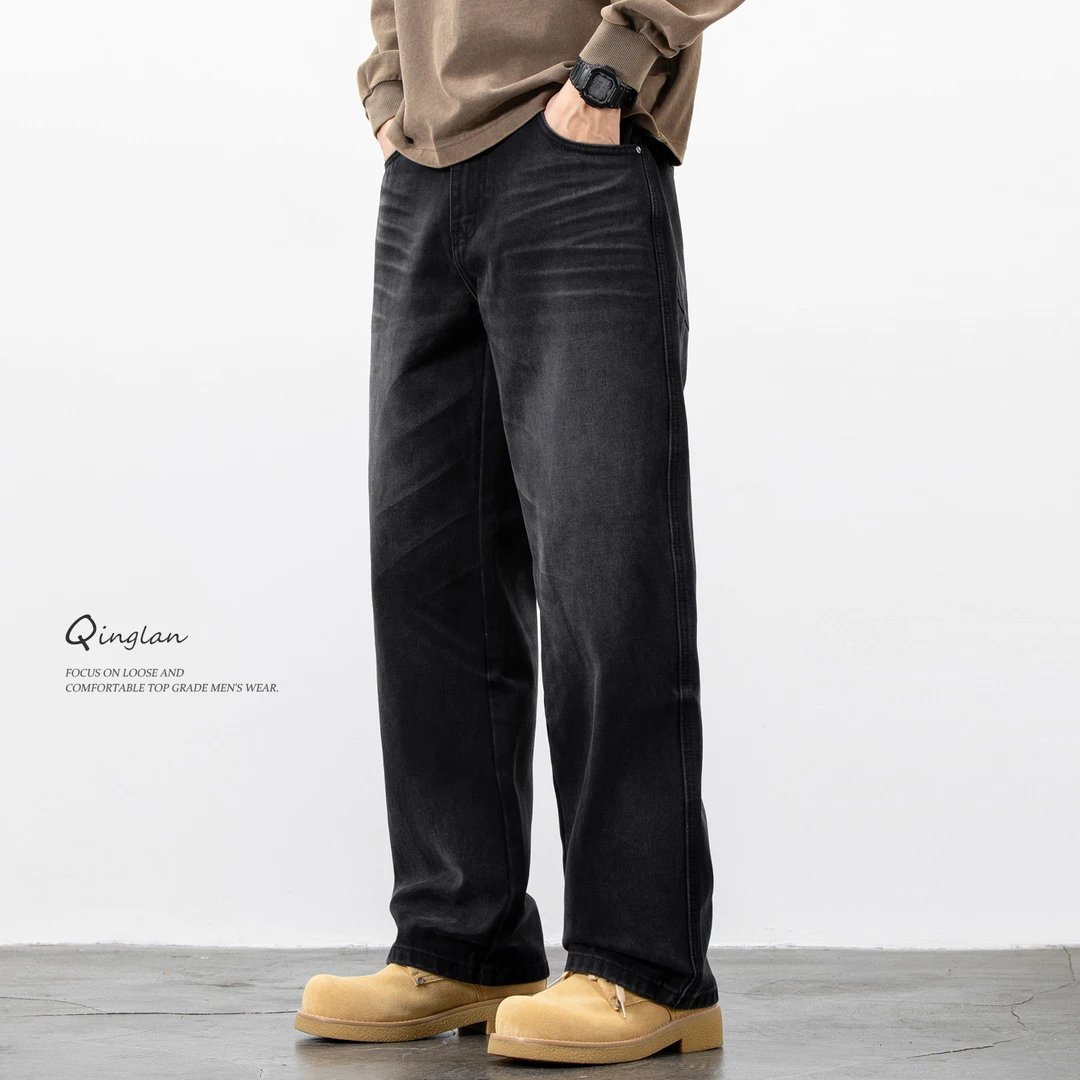 黑色牛仔裤男直筒宽松阔腿潮流休闲百搭水洗高端青少年裤子秋冬款