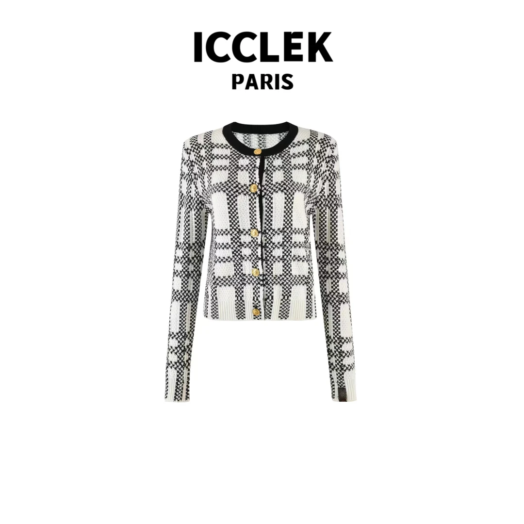 ICCLEK 圆领格纹开襟长袖针织衫气质轻奢名媛秋冬百搭显瘦 - 2659