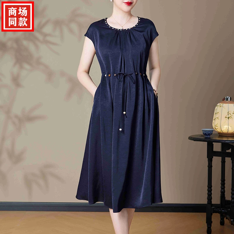 哥弟阿玛施正品真丝连衣裙夏季新款中老年女装气质无袖桑蚕丝裙子