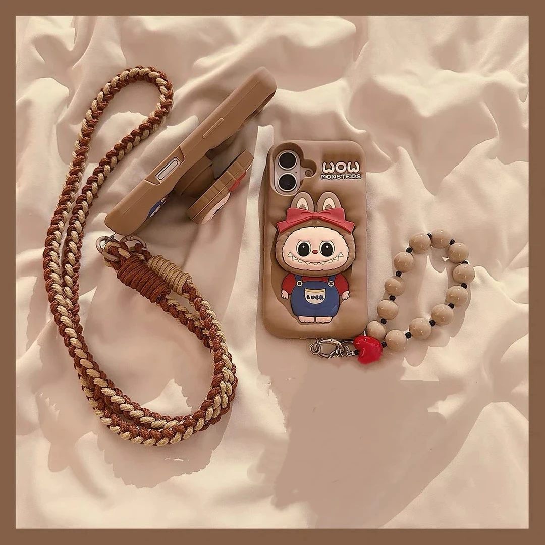 棕色背带裤拉布布支架iPhone16promax适用苹果15手机壳14硅胶13女