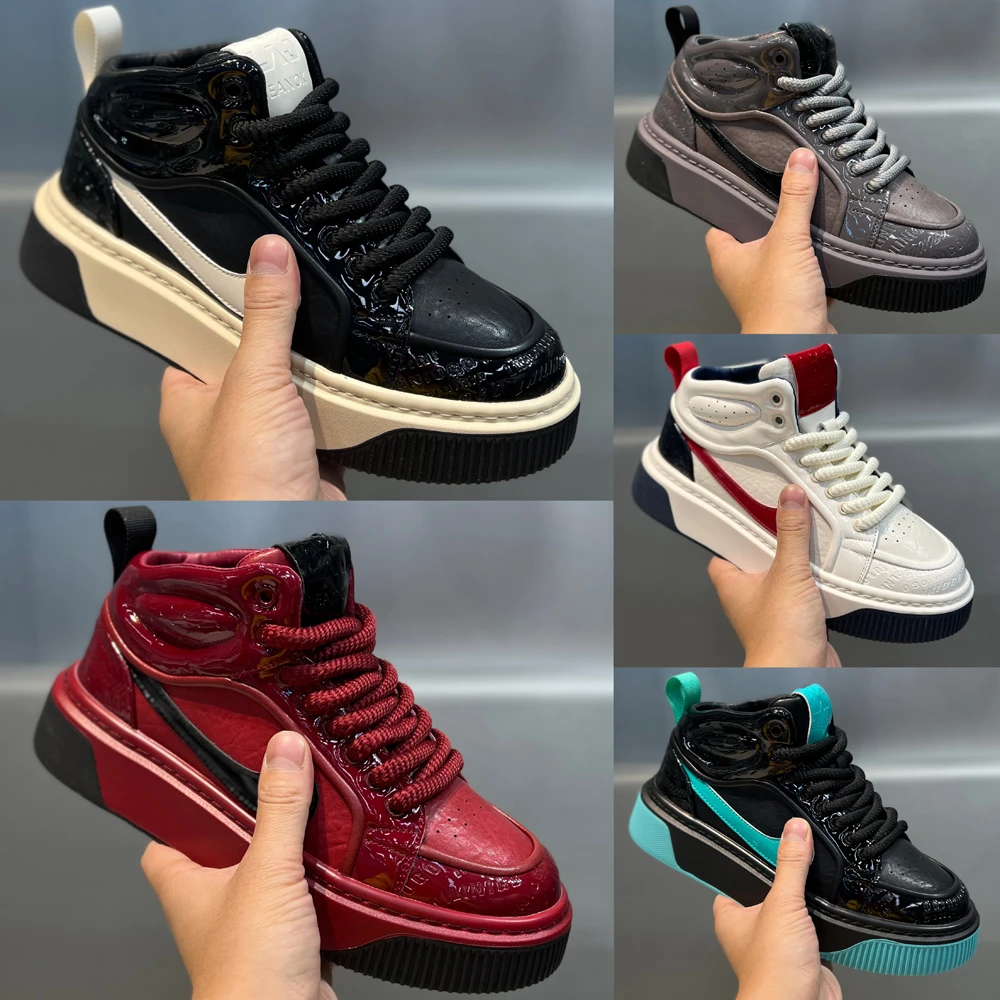 秋冬潮流高帮鞋时尚运动百搭漆皮软底软面舒适男士休闲鞋板鞋轻奢