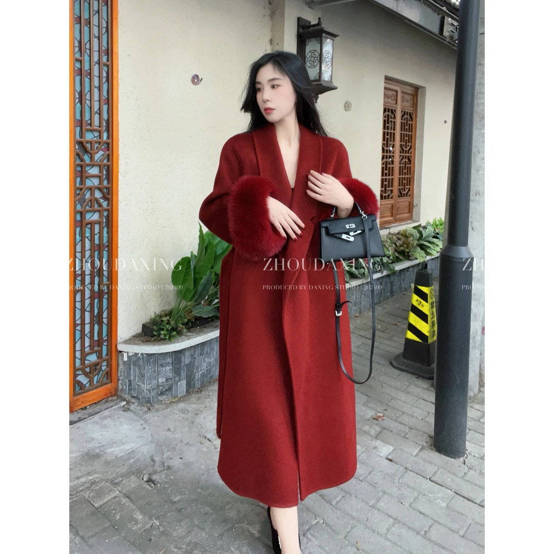 周大星私服【凛冬玫瑰】西装领秋冬战袍全羊毛毛毛袖气质大衣8-8167