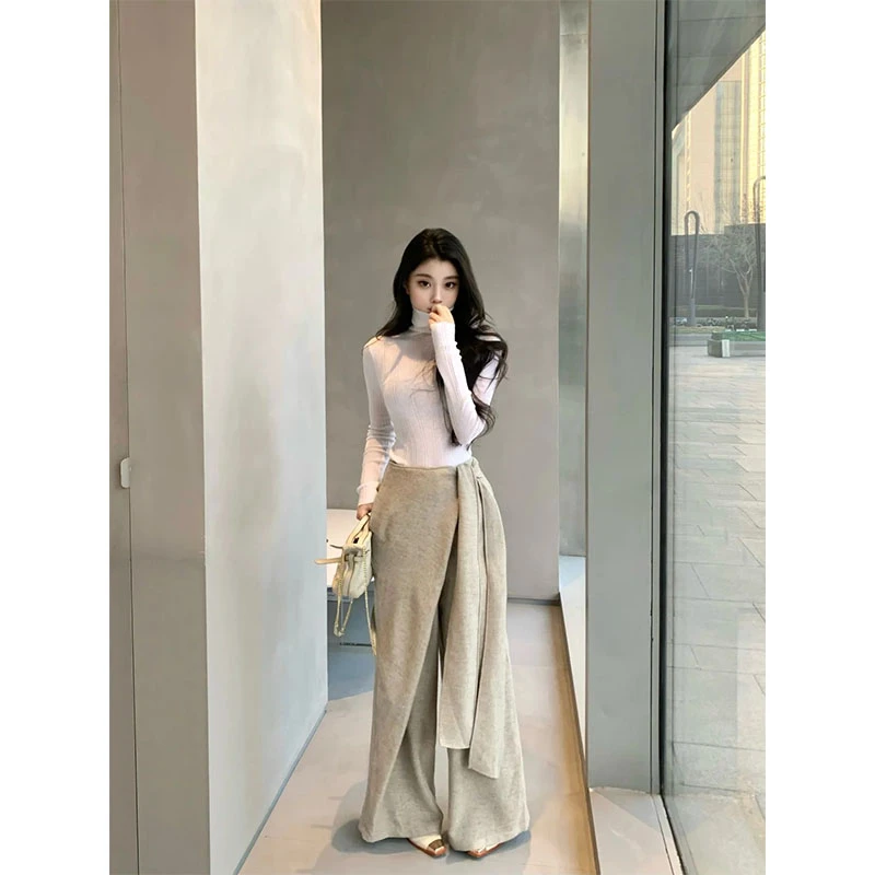 秋冬设计感套装小众洋气休闲百搭精致半高领长袖上衣高腰阔腿裤女