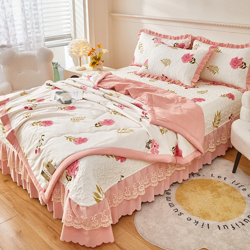 祇衿壹包夏凉被四件套床盖夹棉薄被子公主风床罩韩版花边床单被套