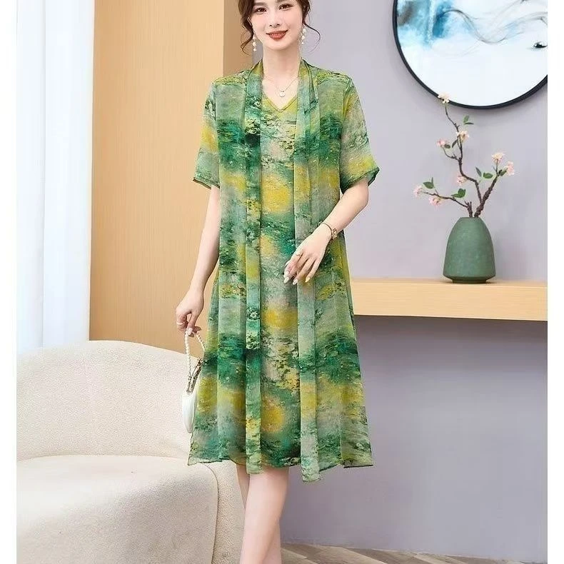 10176-印花连衣裙时尚夏季新款宽松洋气遮肉裙减龄款妈妈装【A仓】