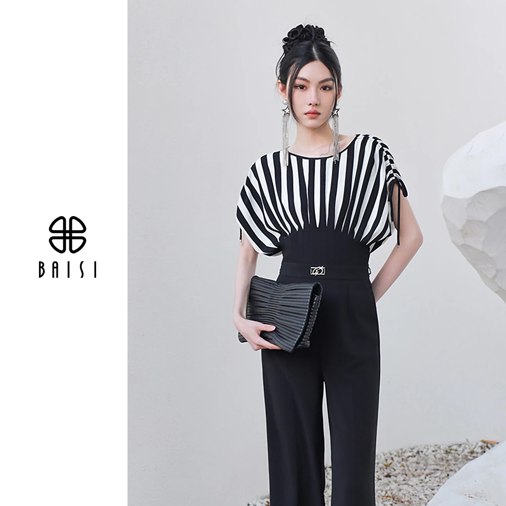 BAISI/百丝黑白撞色时尚气质连体裤高腰夏季薄款流苏显瘦直筒低腰