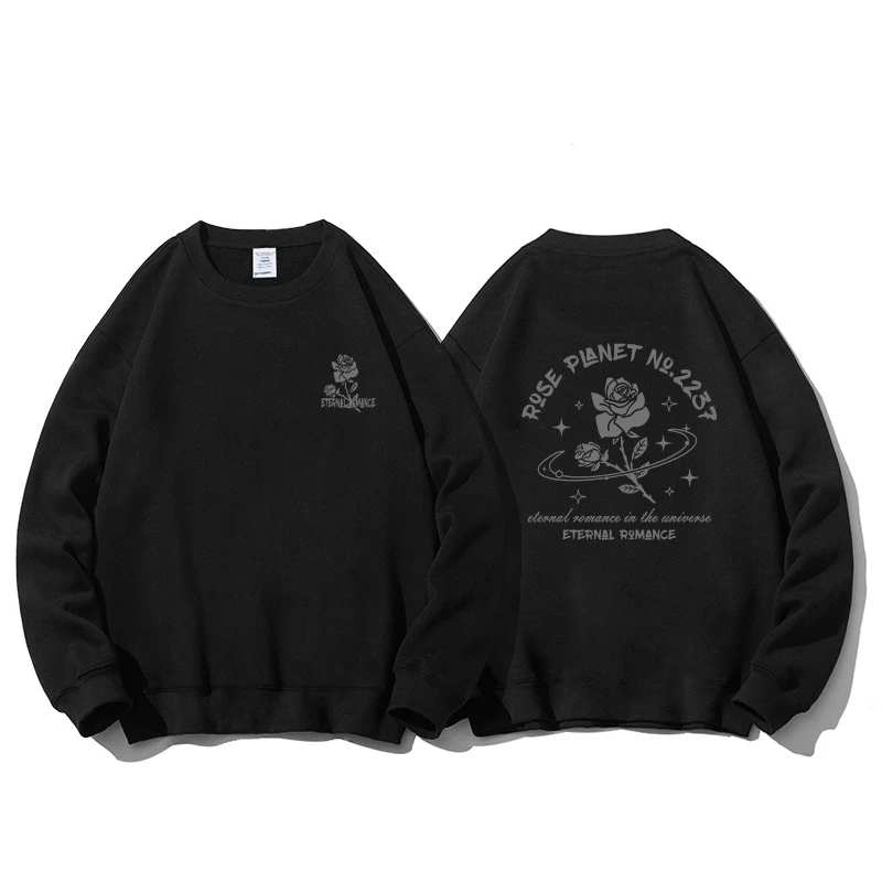 特大码300斤设计感圆领卫衣秋冬加绒宽松玫瑰花后背图案无帽上衣