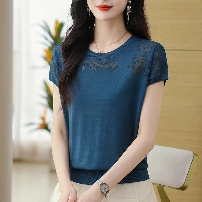 圆领冰丝短袖针织衫女薄款2025夏季新款宽松洋气无袖上衣T恤小衫