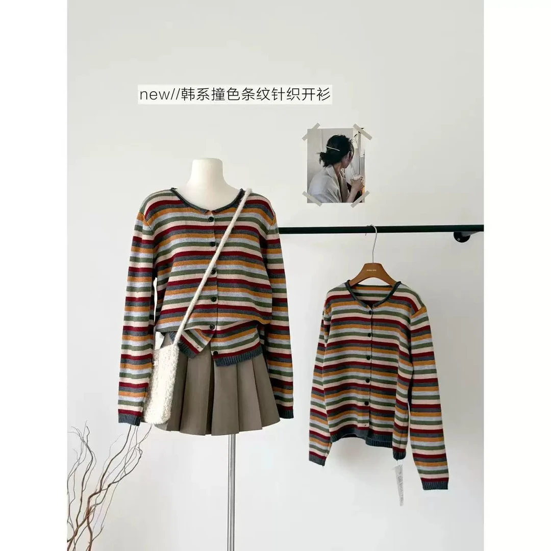 新疆包邮【c544】慵懒风圆领条纹针织开衫-衣长57cm