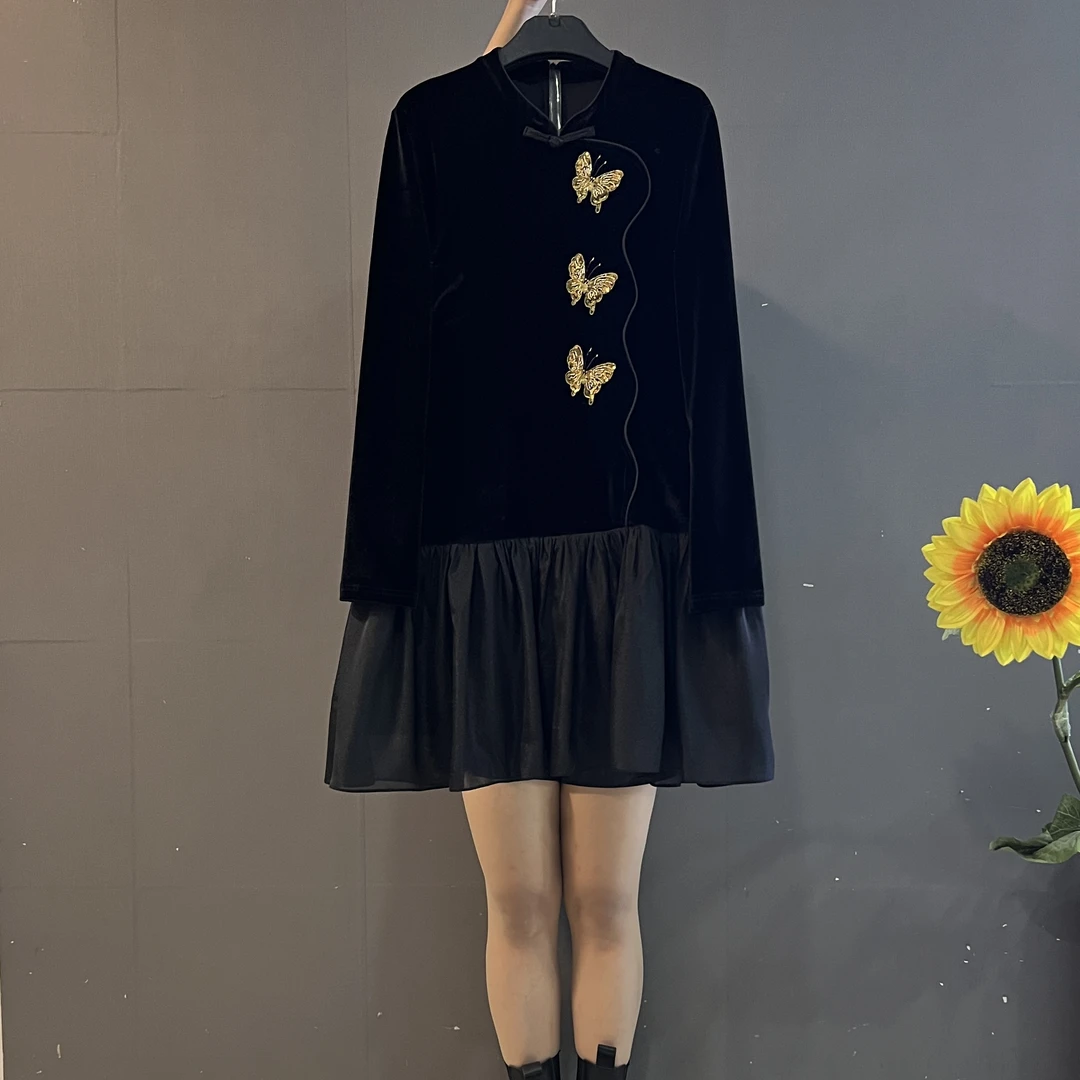 新中式复古盘扣正肩袖丝绒拼接收腰显瘦气质优雅连衣裙