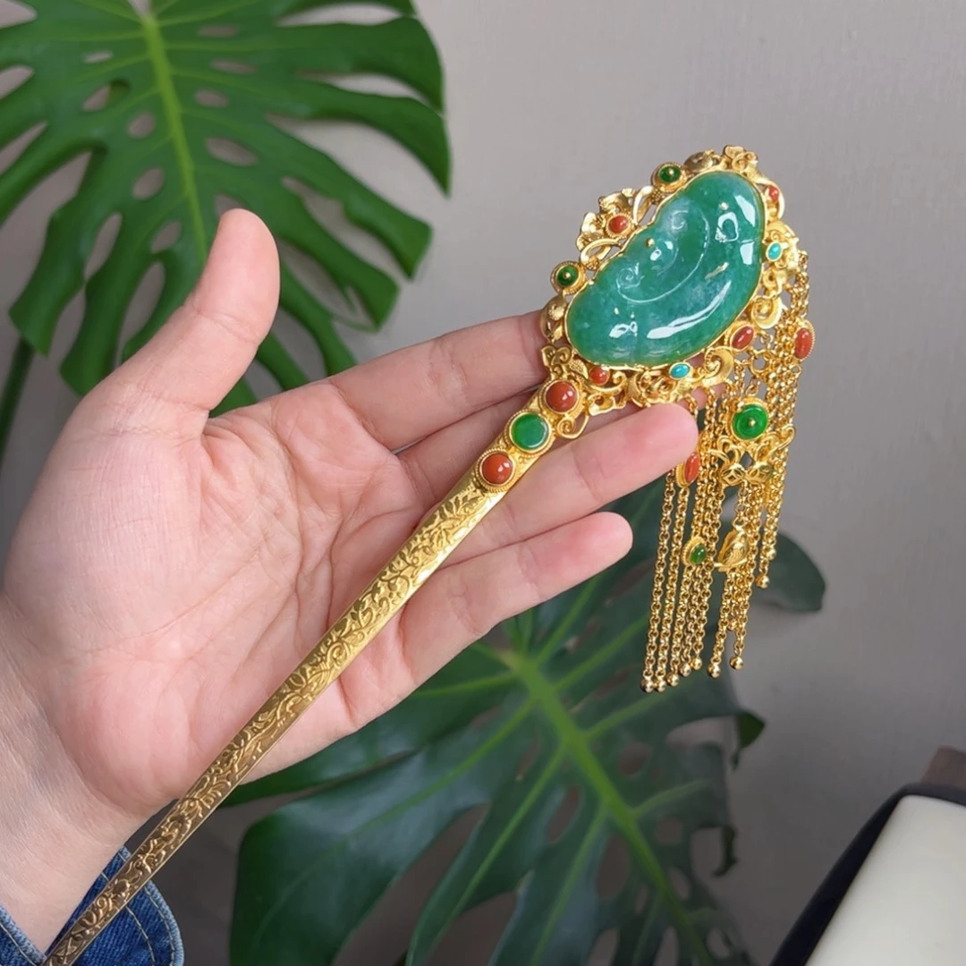 【闪购商品】翡翠把件银S925镀金镶嵌 发簪