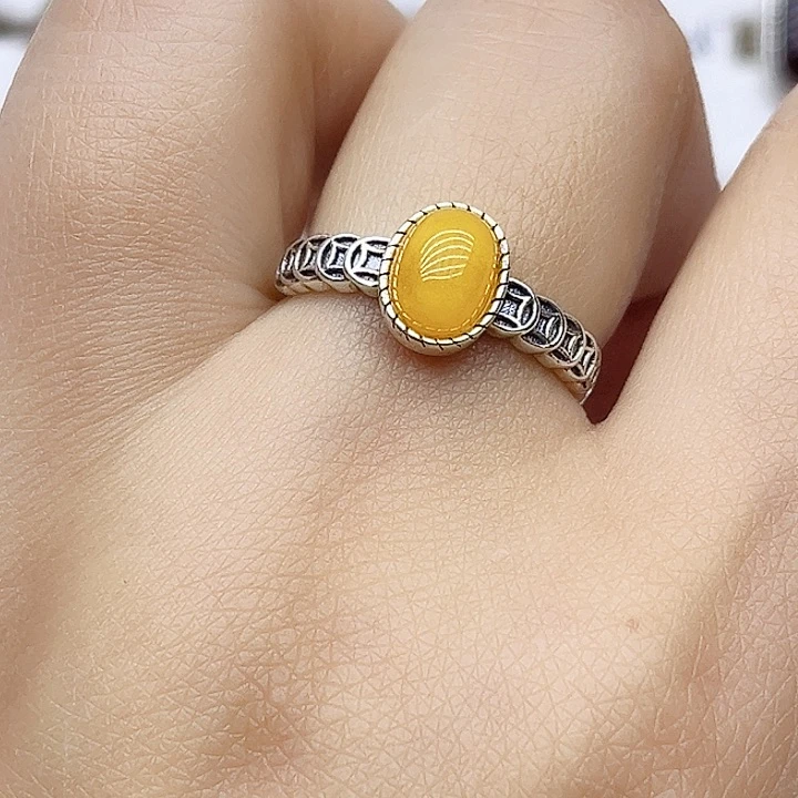 蜜蜡戒指银S925镶嵌天然