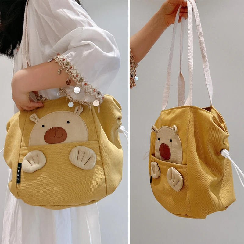 三色补丁兜兜熊单肩包女通勤风新款可爱手提购物袋学生可爱托特包