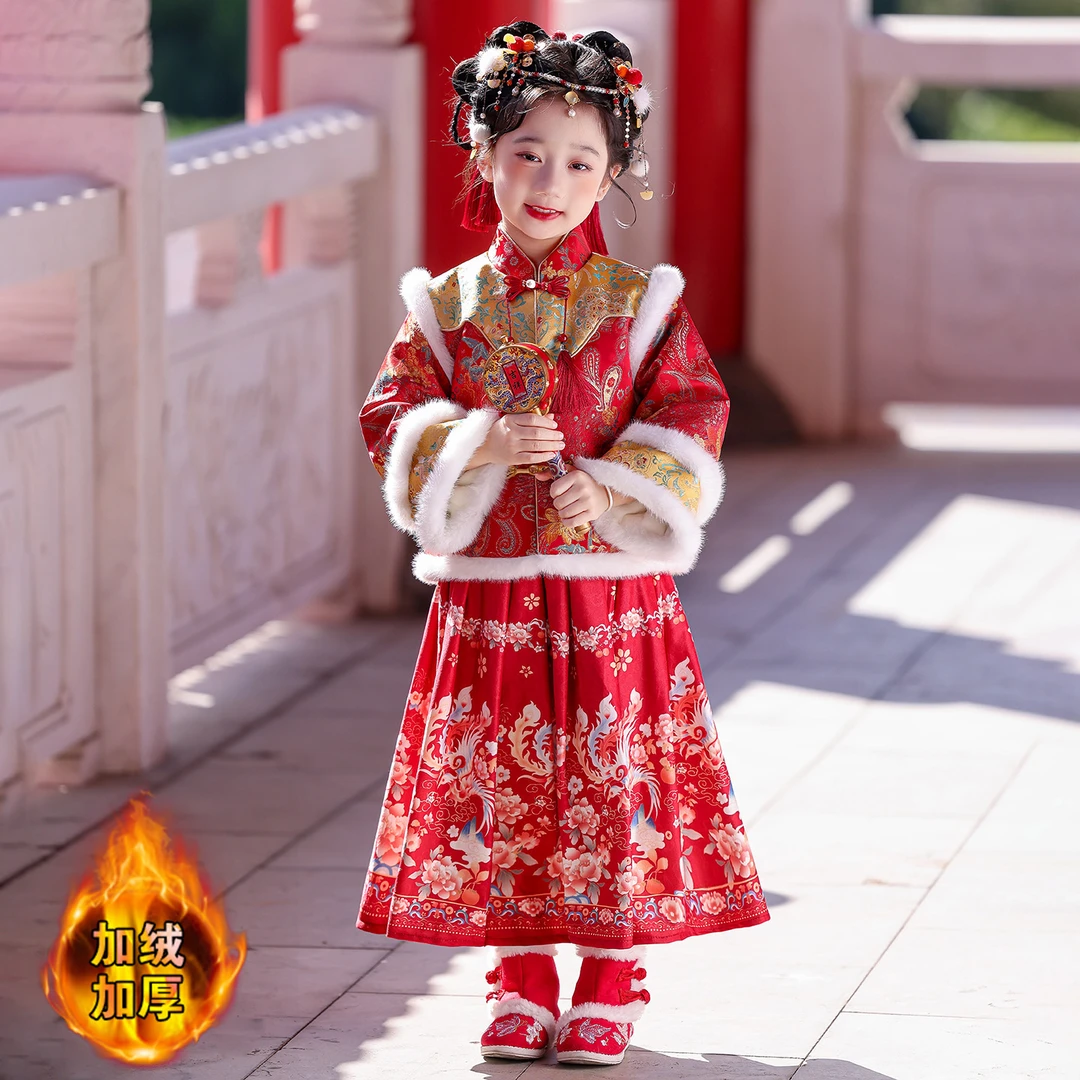 拜年服女童加绒汉服连衣裙套装儿童中式喜庆过年服女宝宝演出衣服
