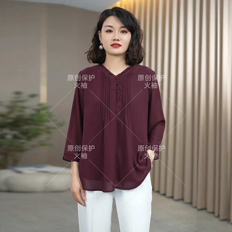火袖G104法式气质V领春夏新款中老年女装宽松遮肉七分袖纯色上衣