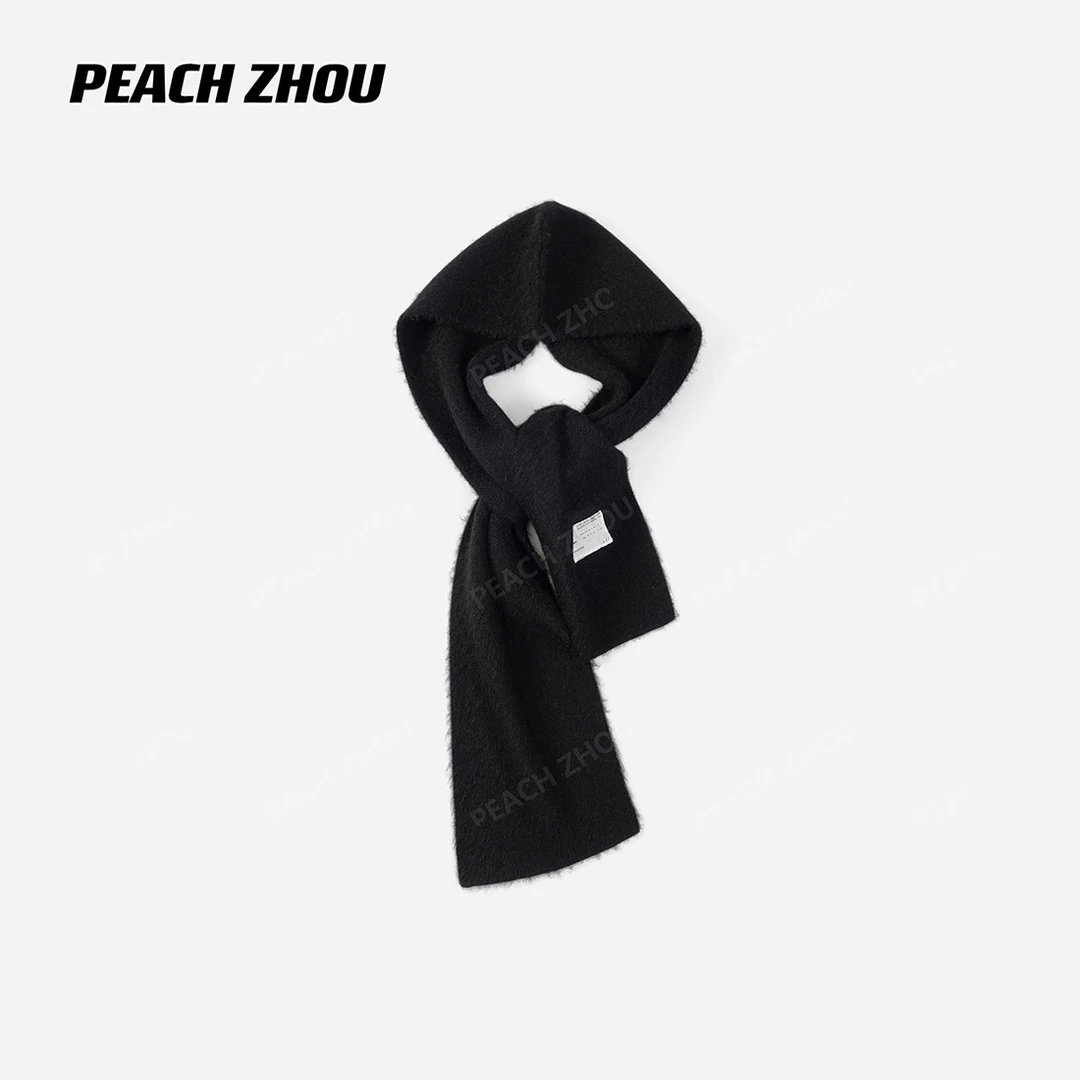 『PEACHZHOU』9支羊驼长毛标签连帽针织披肩休闲保暖围脖氛围感围巾