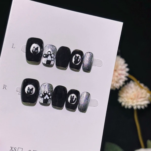 010【月夜喵爪】银子家手工穿戴甲短款中古风猫眼设计款美甲贴片