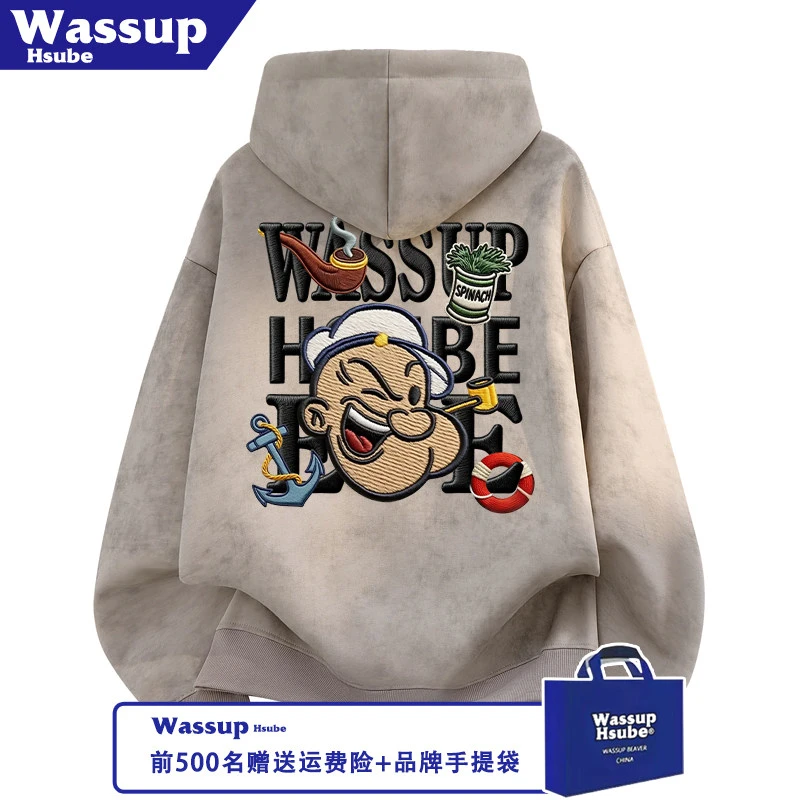 WASSUP HSUBE秋冬季慵懒男女蜡染卡其设计印花加绒卫衣连帽上衣