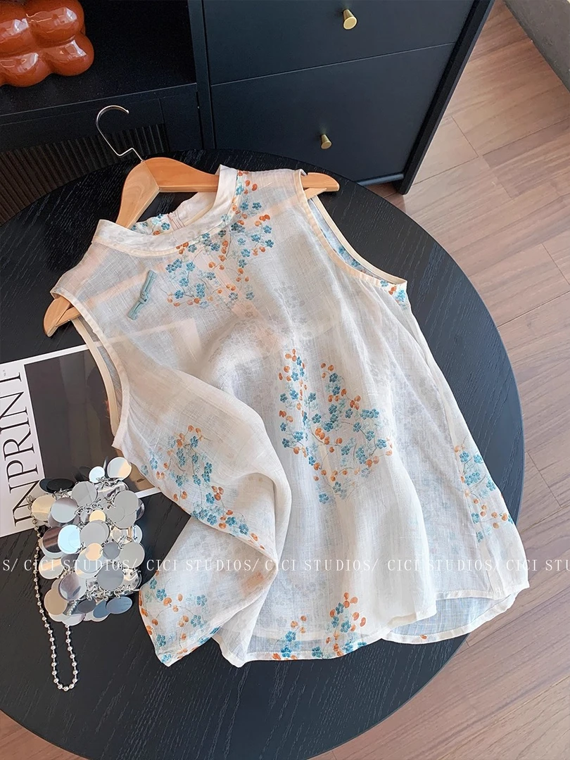 新中式印花无袖圆领背心女夏2025设计感温柔国风轻薄透气显瘦上衣