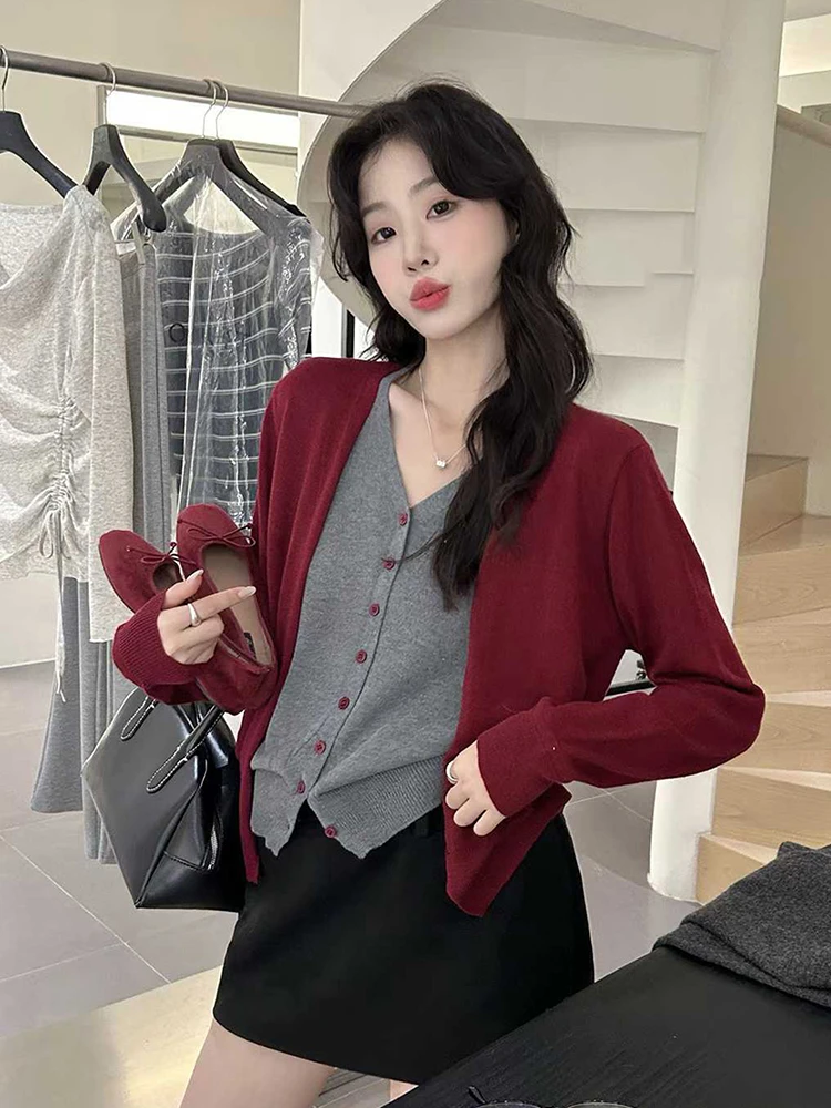 法式v领假两件长袖针织开衫女撞色毛衣外套设计感外搭上衣G9-38