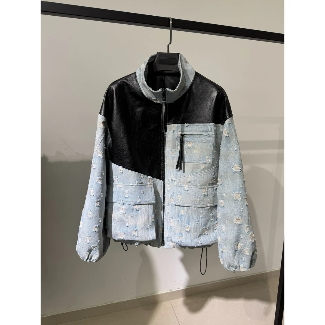 新款女士真皮绵羊皮皮衣外套牛仔做旧原创设计25118