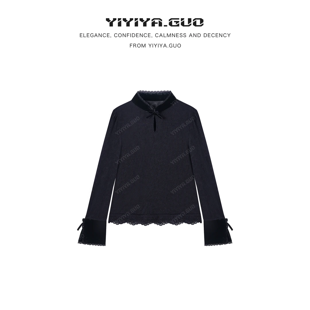 yiyiya.Guo艺艺吖新款立领拼接蝴蝶结正肩蕾丝长袖上衣080279SS52