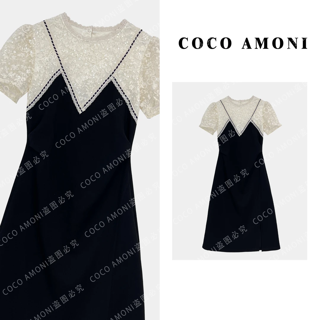 {曼姐}夏季新款高级重工女装拼接褶皱收腰显瘦气质连衣裙AC165