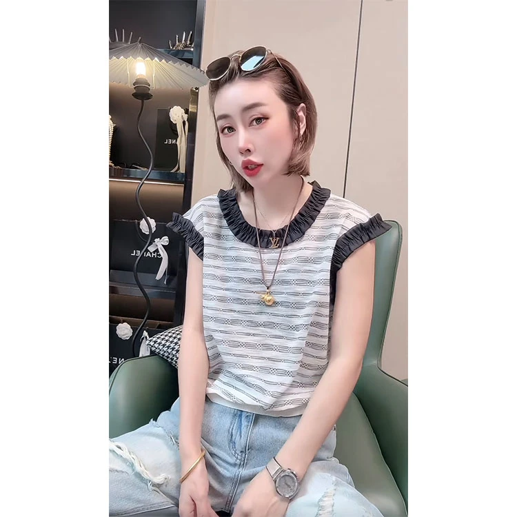 欧货夏季新款木耳边撞色背心洋气无袖t袖气质休闲百搭上衣女