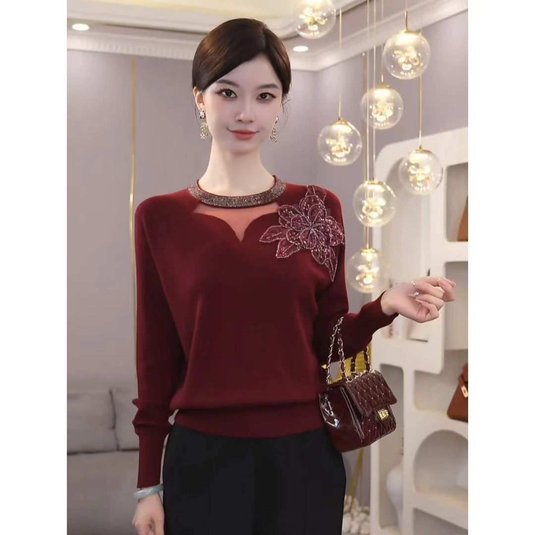 2025秋冬新款【QQ-1249JR】含绵羊毛烫钻圆领酒红色轻奢毛针织上衣