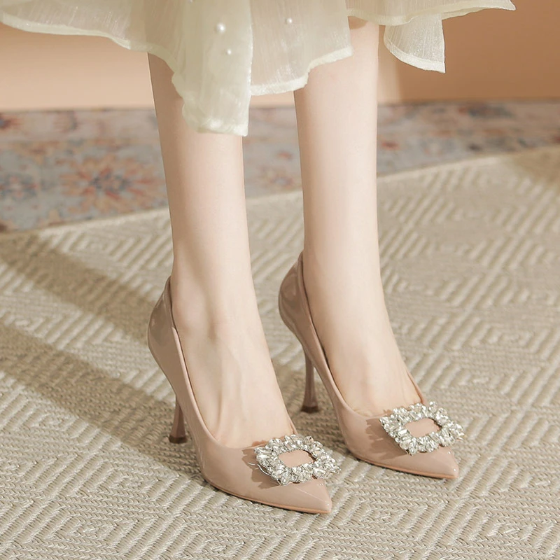 裸色浅口高跟鞋法式时尚职业水晶方扣名媛气质宴会鞋日常工作鞋女