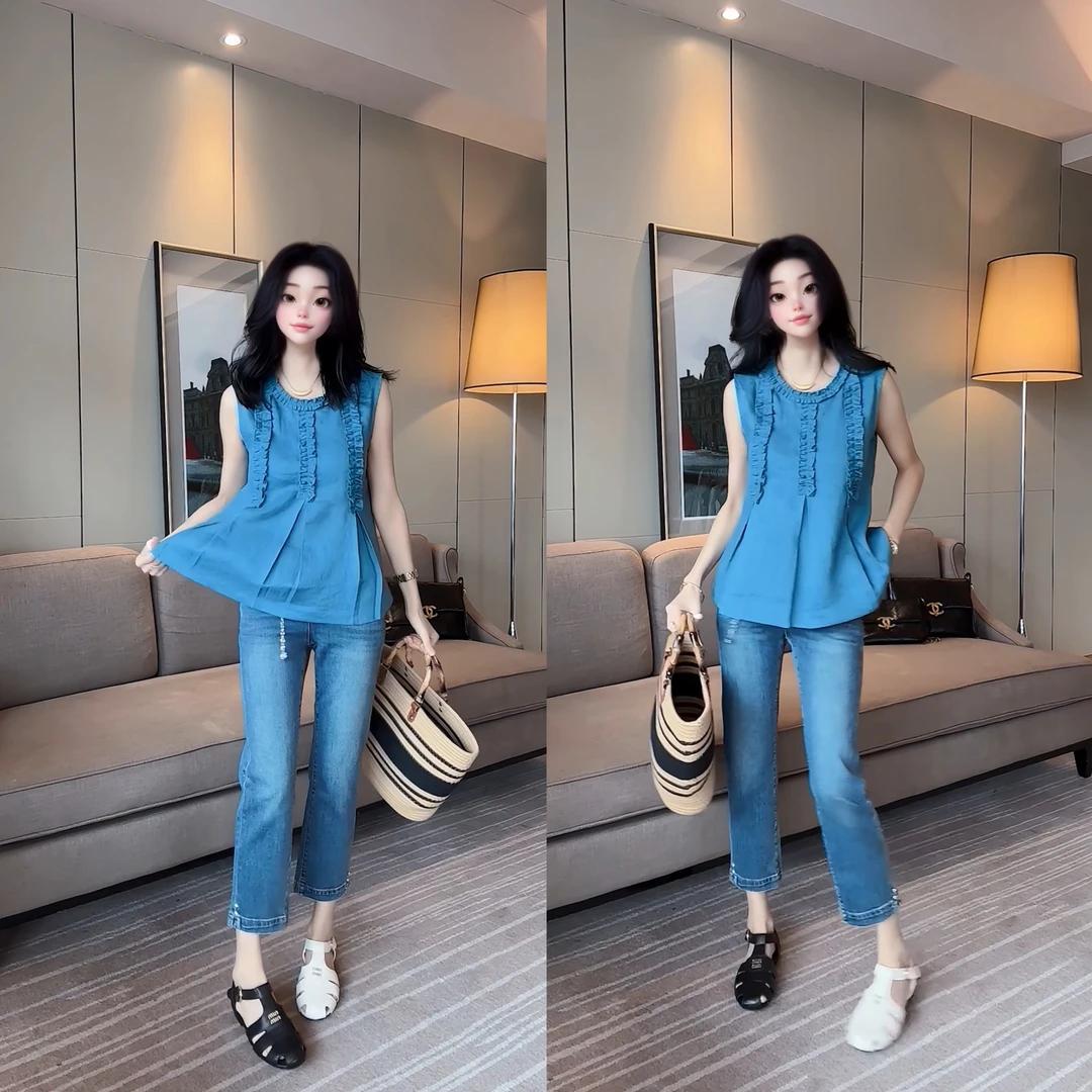 8300女士新款夏季时尚气质小衫 百搭休闲减龄无袖蓝色轻职风韩版