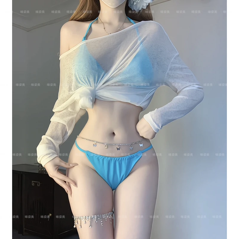 2025新款比基尼泳衣女性感纯欲风聚拢分体高级感罩衫海边度假防晒