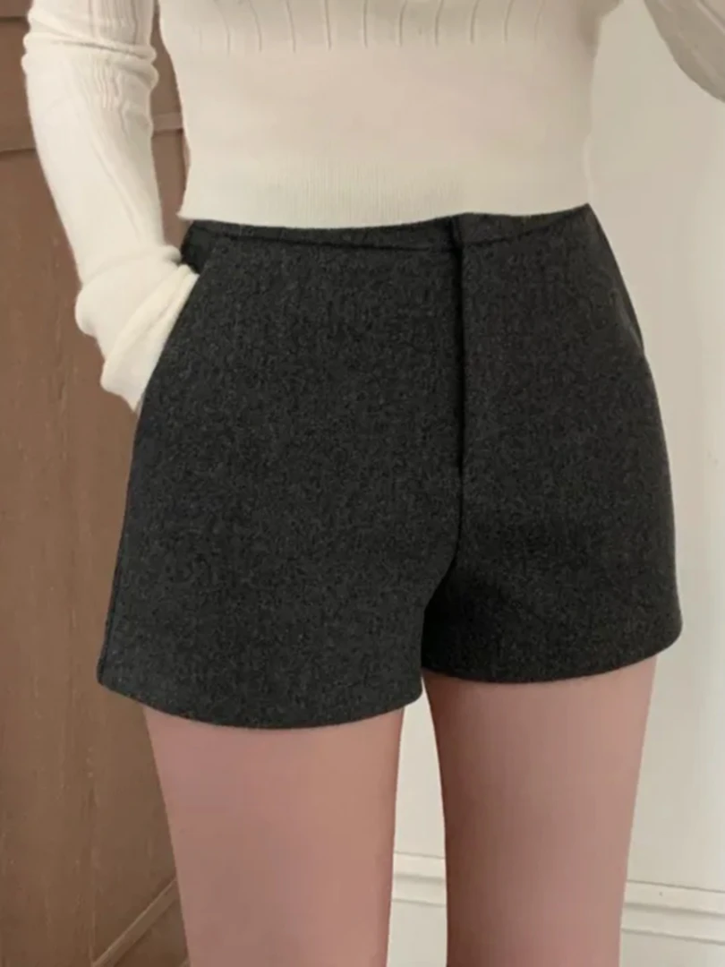 灰色毛呢高腰短裤女秋冬韩版显瘦直筒紧身呢子靴裤外穿打底三分裤
