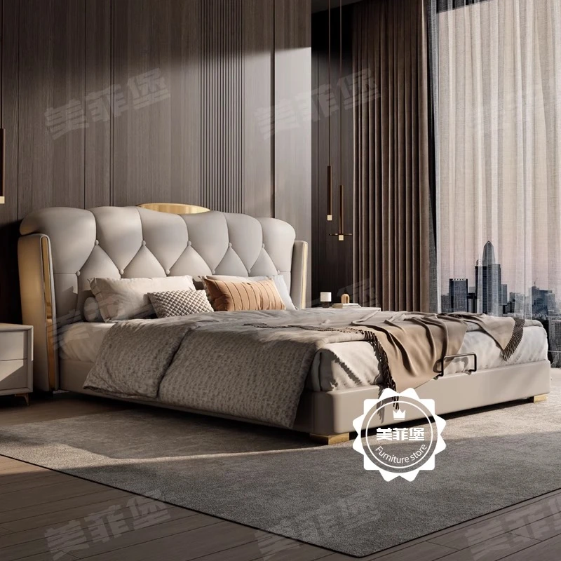 2025新款高端大气真皮床现代简约主卧双人大床2m意式轻奢软包婚床