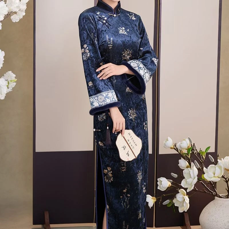蓝韵雅汐C〕新中式长旗袍秋冬提花加绒厚款长袖复古修身改良连衣裙