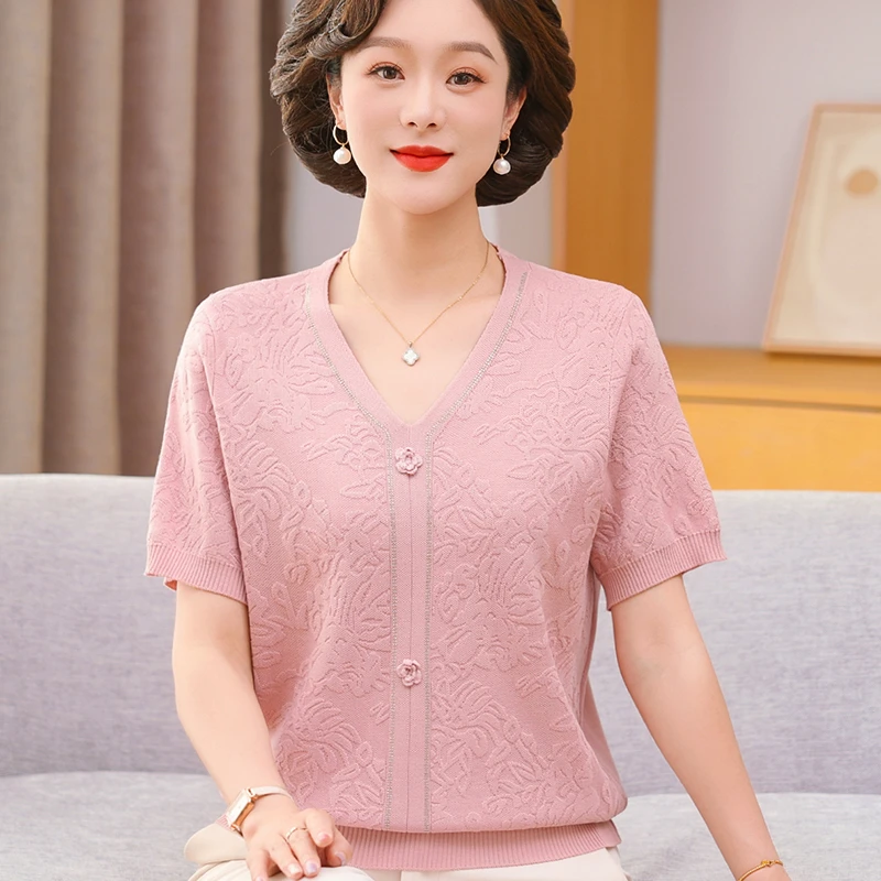 妈妈夏装夏季时尚V领提花上衣洋气中老年女装40岁宽松纯色小衫