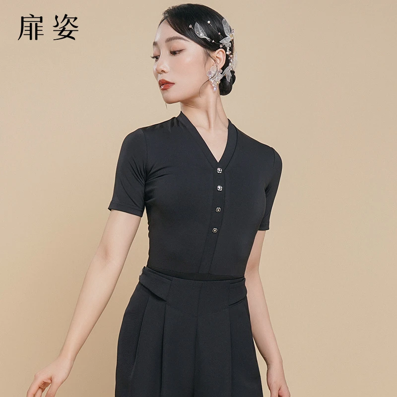 扉姿 摩登舞上衣女成人舞蹈服国标舞拉丁舞练功服交谊舞服夏F1244