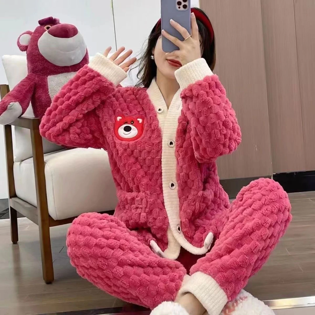 2024睡衣女秋冬新款玫红色小香风睡衣套装