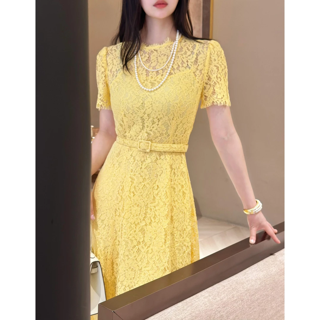 M1995气质百搭蕾丝设计腰带款短袖中长款连衣裙裙长110款号S51769