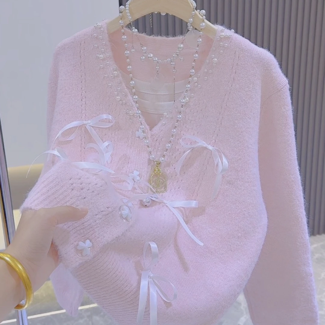 供15慵懒风V领蝴蝶结钉珠软糯毛衣外套女秋冬新款单排扣针织开衫