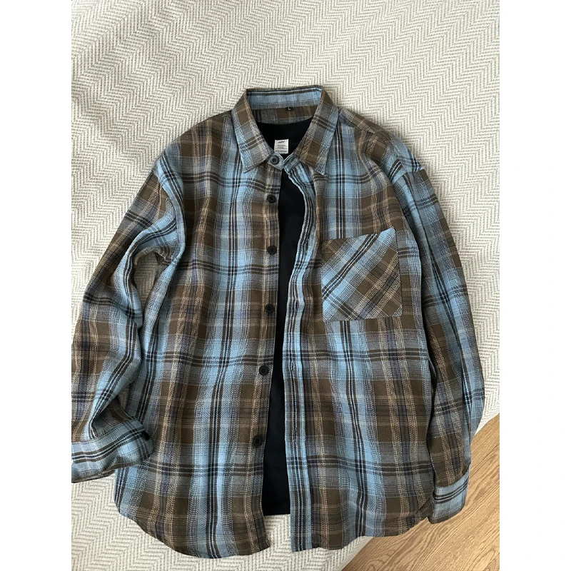 美式复古棕色格子衬衫男款早秋穿搭长袖衬衣cleanfit美式休闲外套