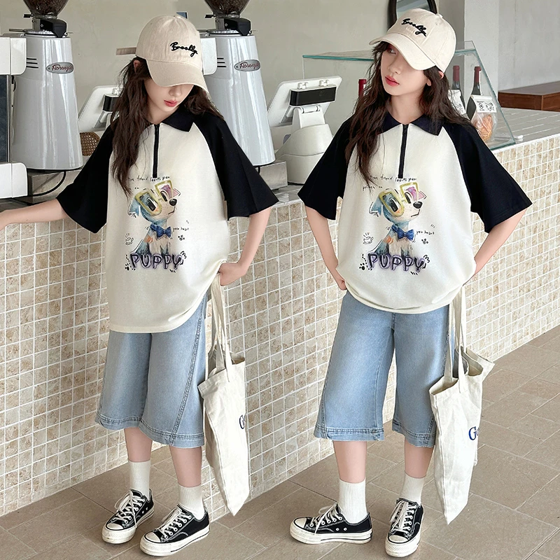 女童polo衫短袖牛仔中裤套装夏装新款儿童中大童女孩夏季薄两件套