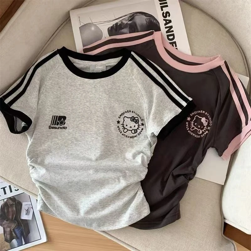 女童夏季92棉KT猫拼色条纹潮酷短袖t恤女孩洋气百搭休闲短款上衣